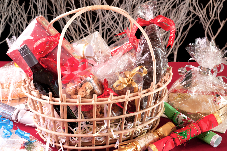 Christmas hamper basket with a chocolate santa, cookies and a bottle of wine ** Note: Visible grain at 100%, best at smaller sizes