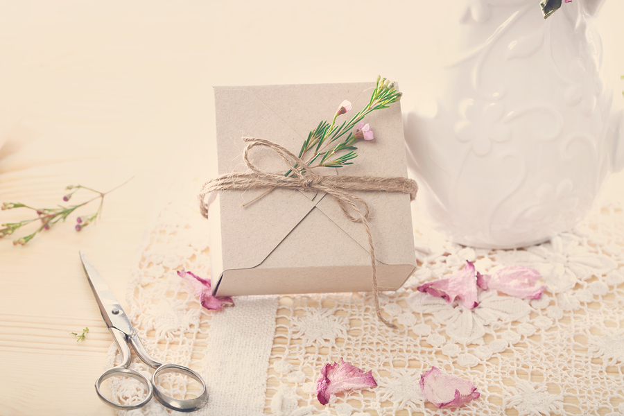 Hand crafted present box with flower petals