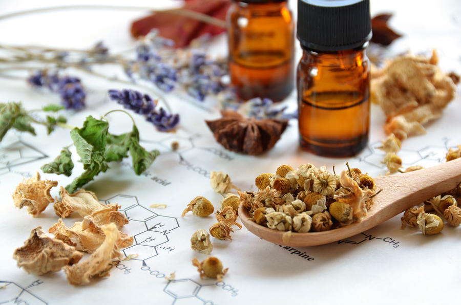 dried herbs and essential oils on science sheet