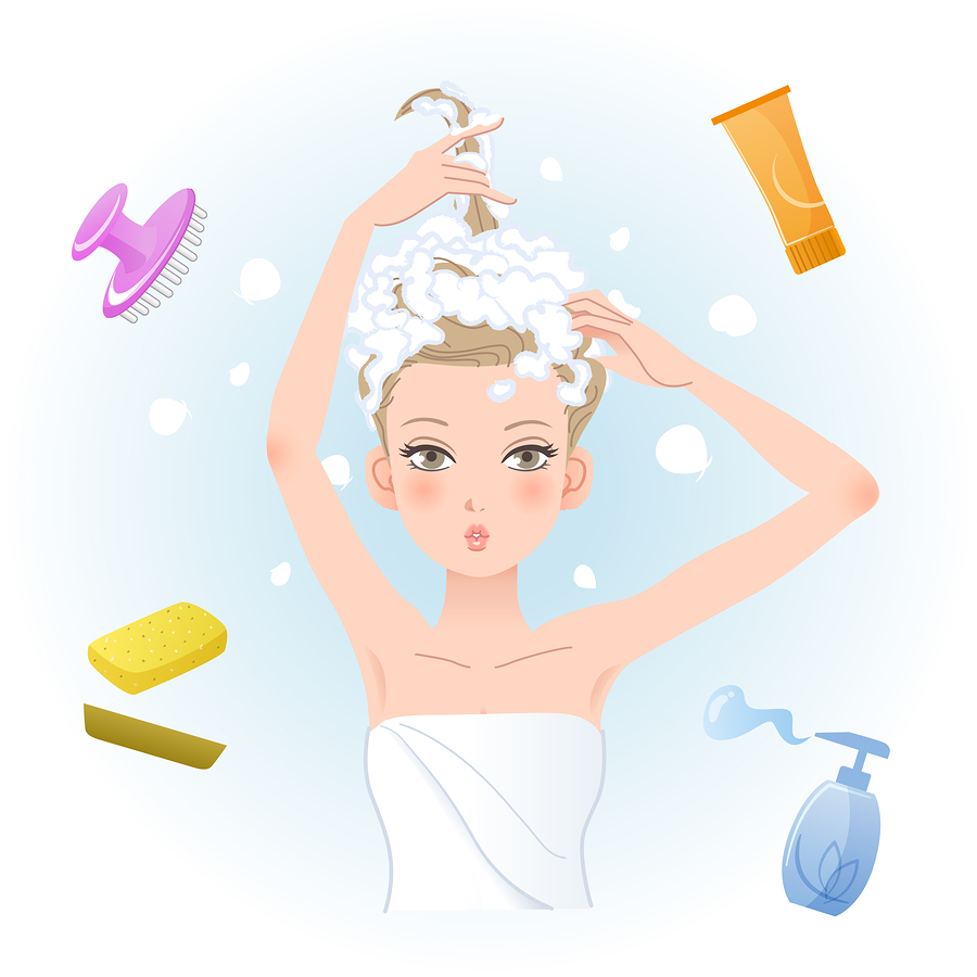 Young woman soaping her hair with body/hair care products. Funny expression.File contains Gradients Blending tool Transparency.