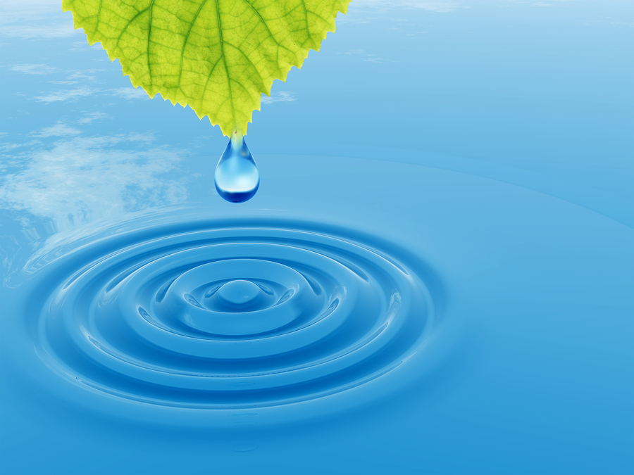 High resolution conceptual water or dew drop falling from a green fresh leaf on a blue clear water making waves